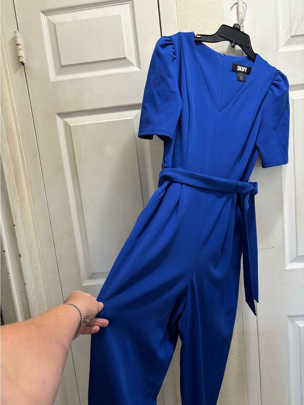 DKNY Cobalt Blue Short-Sleeve Jumpsuit with Tie Waist